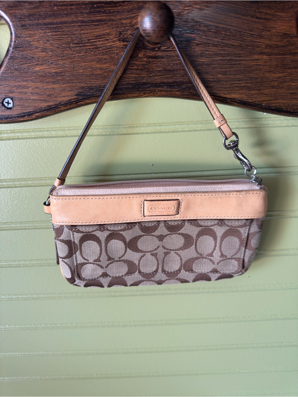 Coach Brown Signature Canvas Wristlet with Tan Leather Trim